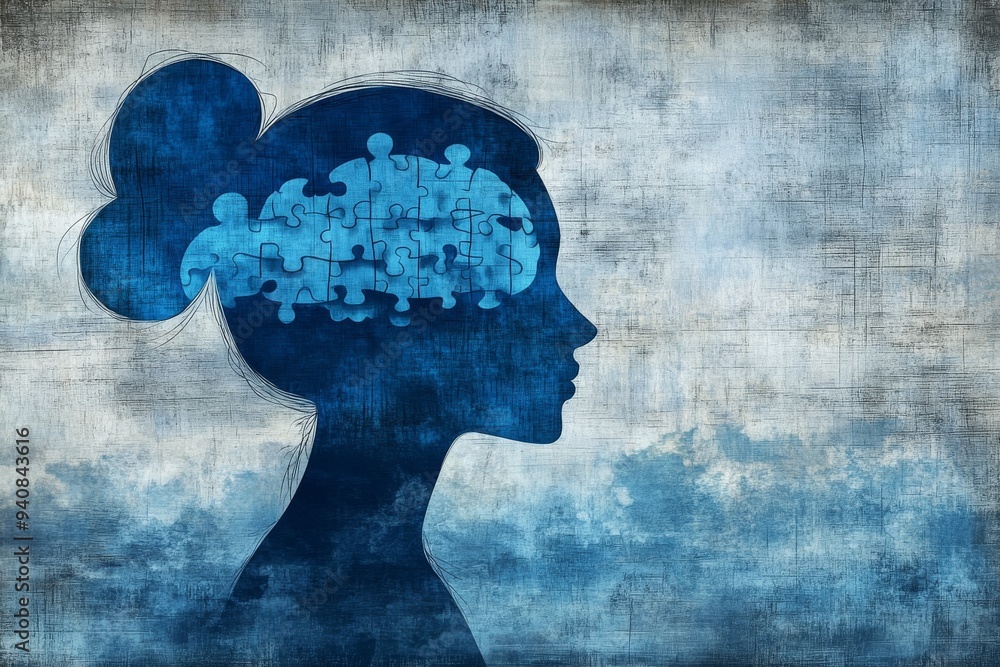 Minimalist Silhouette of a Woman with Puzzle Pieces in a Blue Background: Representing Cognitive Thought Identity and the Complexity of the Human Mind Minimalist Silhouette of a Woman with Puzzle Pieces in a Blue Background: Representing Cognitive Thought Identity and the Complexity of the Human Mind