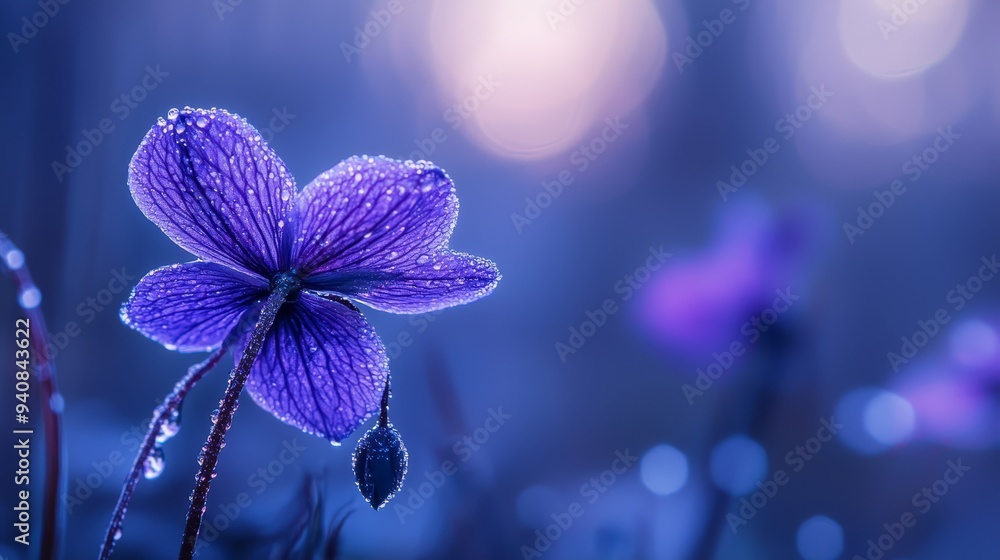 A tight shot of a purple flower, dewdrops glistening on its petals, backdrop softly blurred A tight shot of a purple flower, dewdrops glistening on its petals, backdrop softly blurred