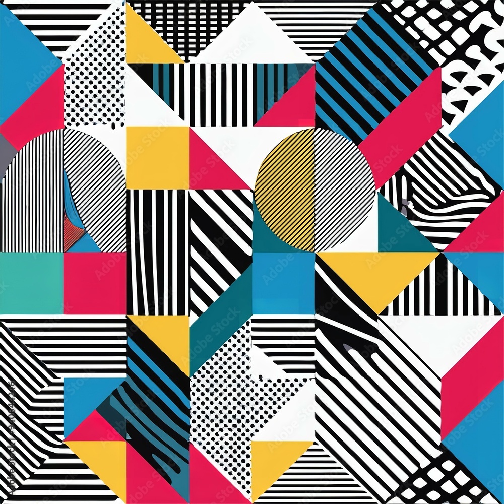 A vibrant abstract geometric pattern featuring a mix of black, white, pink, blue, and yellow A vibrant abstract geometric pattern featuring a mix of black, white, pink, blue, and yellow