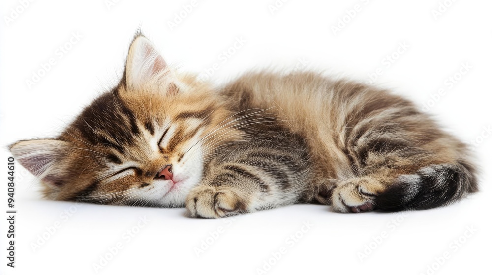 Cute cat sleeping, adorable and relaxed. On white isolated background.