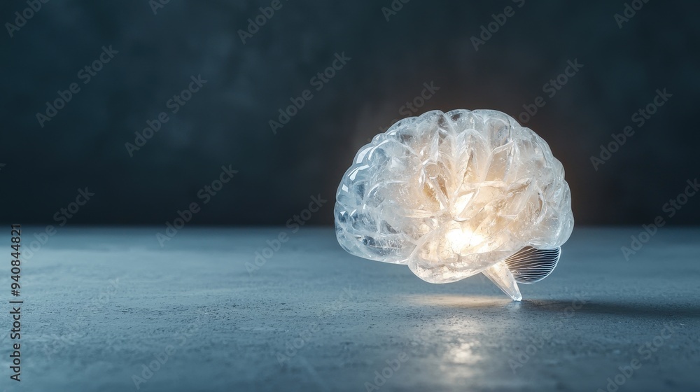 A brain shaped crystal with light emanating symbolizing clarity of knowledge in a dimly lit room A brain shaped crystal with light emanating symbolizing clarity of knowledge in a dimly lit room