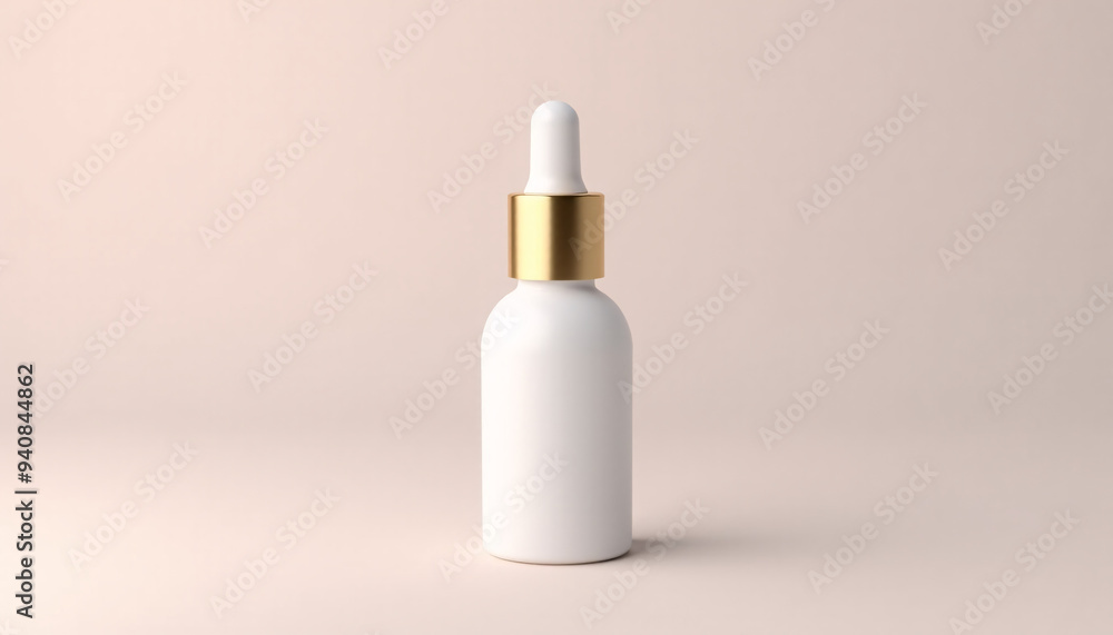 Mock up blank cosmetic dropper bottle with gold cap, placed on a pastel background Mock up blank cosmetic dropper bottle with gold cap, placed on a pastel background