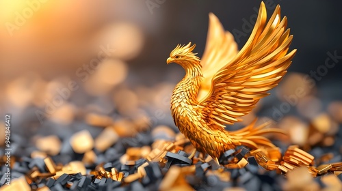 Golden Phoenix Rises from Financial Debris,Symbolizing Rebirth of Prosperous Investments photo