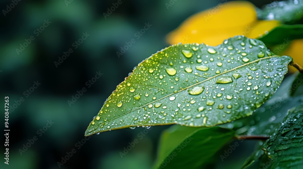 A tight shot of a moist green leaf, studded with water droplets, against a background of sunny yellow flowers A tight shot of a moist green leaf, studded with water droplets, against a background of sunny yellow flowers