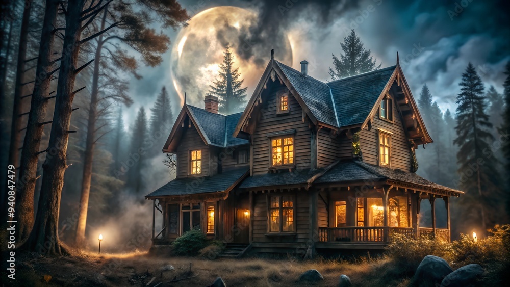 Spooky Haunted House with Full Moon in Dark Forest
Spooky Haunted House with Full Moon in Dark Forest