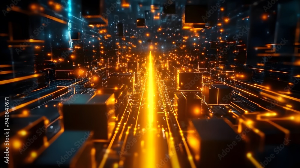Obraz premium Futuristic Digital Path with Yellow Laser Beam, Abstract Cubes Glow Effect