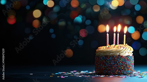 A vibrant birthday cake adorned with colorful sprinkles and candles, set against a backdrop of festive bokeh lights.