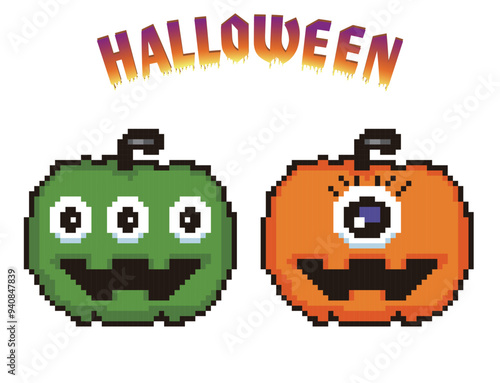 ハロウィン用の8ビットのピクセルアート、デフォルメされたカボチャ、ジャックオーランタンのモンスターのアイコン、イラスト。