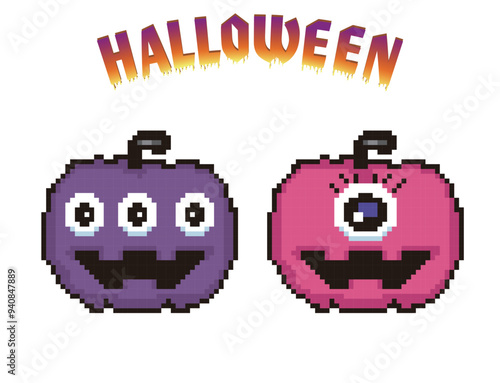 ハロウィン用の8ビットのピクセルアート、デフォルメされたカボチャ、ジャックオーランタンのモンスターのアイコン、イラスト。
