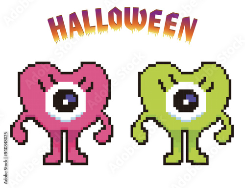 ハロウィン用の8ビットのピクセルアート、デフォルメされた一つ目のモンスターのアイコン、イラスト。