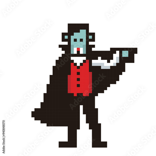 ハロウィン用の8ビットのピクセルアート、デフォルメされたバンパイア、吸血鬼、モンスターのアイコン、イラスト。