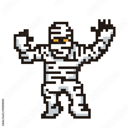 ハロウィン用の8ビットのピクセルアート、デフォルメされたミイラ男、モンスターのアイコン、イラスト。