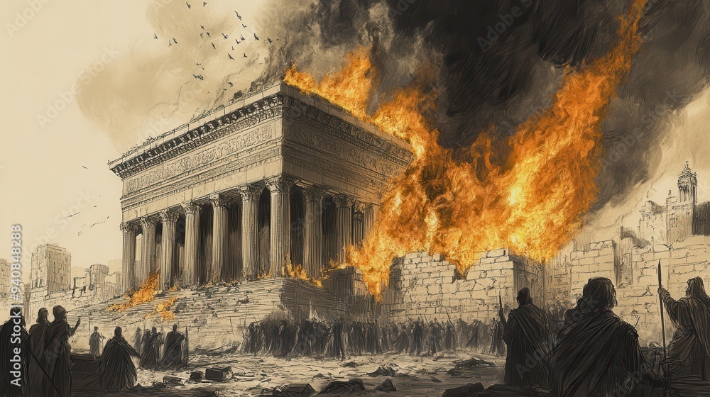 Fototapeta premium The Fall of Jerusalem: The Temple Ablaze as People Watch in Horror, 2 Kings Biblical Art, Beige Background