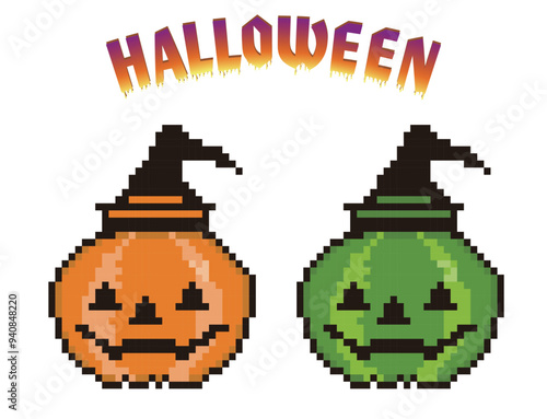 ハロウィン用の8ビットのピクセルアート、デフォルメされたカボチャ、ジャックオーランタン、モンスターのアイコン、イラスト。