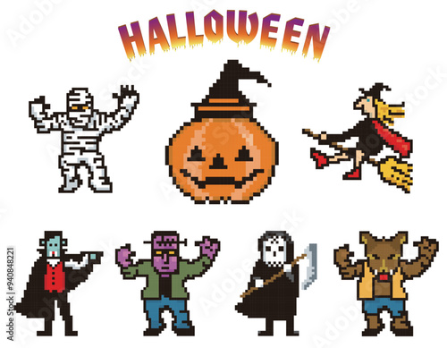 ハロウィン用の8ビットのピクセルアート、デフォルメされたミイラ男、魔女、ドラキュラ、死神、狼男、モンスターのアイコン、イラストのセット