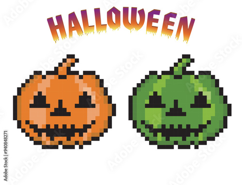 ハロウィン用の8ビットのピクセルアート、デフォルメされたカボチャ、ジャックオーランタン、モンスターのアイコン、イラスト。