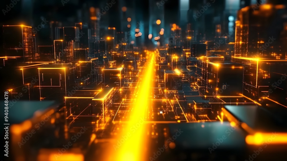 Naklejka premium Sci-Fi Laser-Illuminated Digital Path with Glowing Cubes