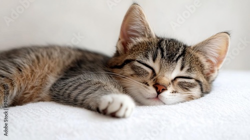 Cute cat sleeping, adorable and relaxed. On white isolated background.