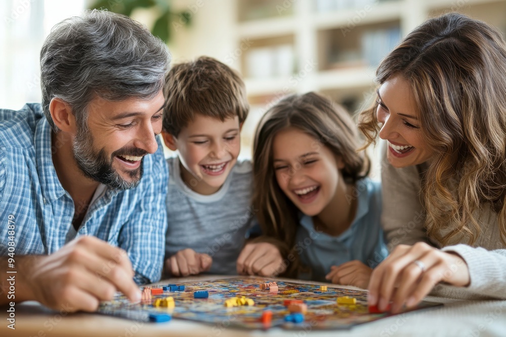 A family of four is playing a board game together, with a man A family of four is playing a board game together, with a man