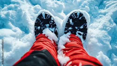 Close-up view of snowy boots in vibrant red trousers, showcasing winter footwear in a snowy landscape. photo