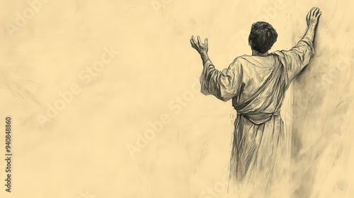 Hezekiah’s Illness and Recovery: Bible Wall Art Depicting His Earnest Prayer to the Lord, Biblical Illustration on Beige Background photo