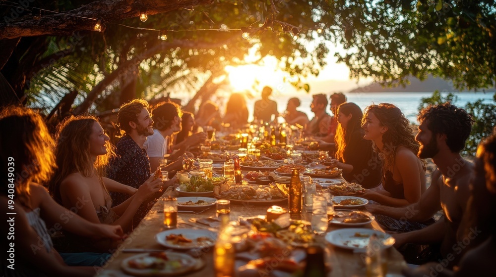 Obraz premium A group of people are gathered around a long table with food and drinks