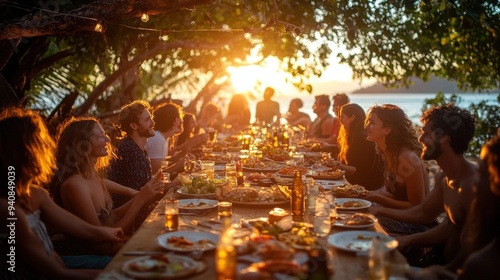 A group of people are gathered around a long table with food and drinks