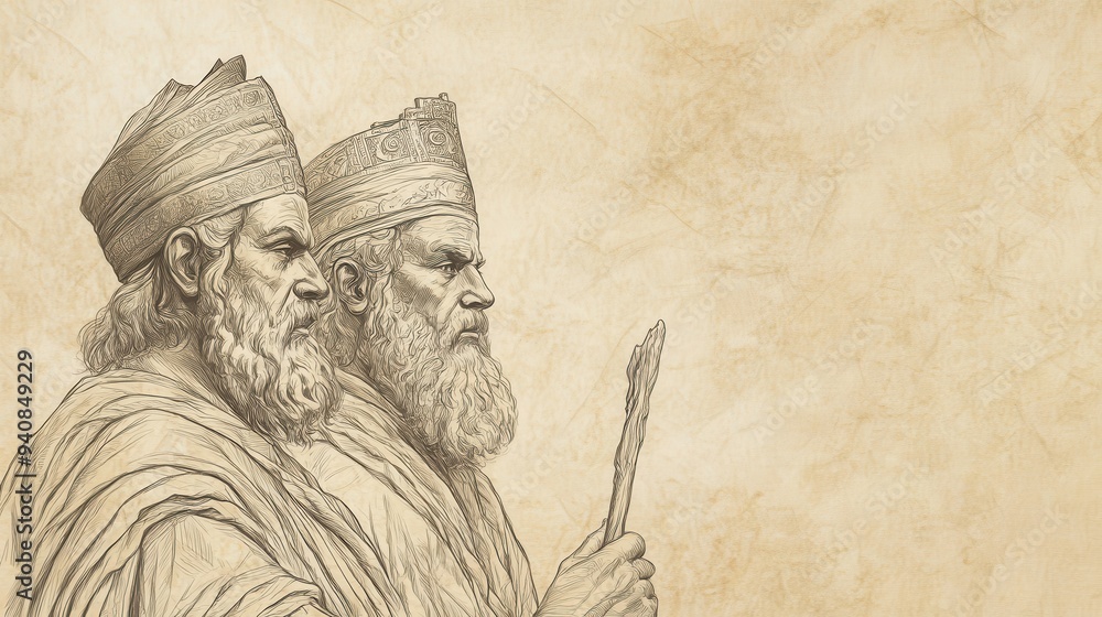 Fototapeta premium Jehoiakim’s Reign and Jerusalem’s Fall: Biblical Depiction of Nebuchadnezzar Appointing Zedekiah King of Judah, Beige Background