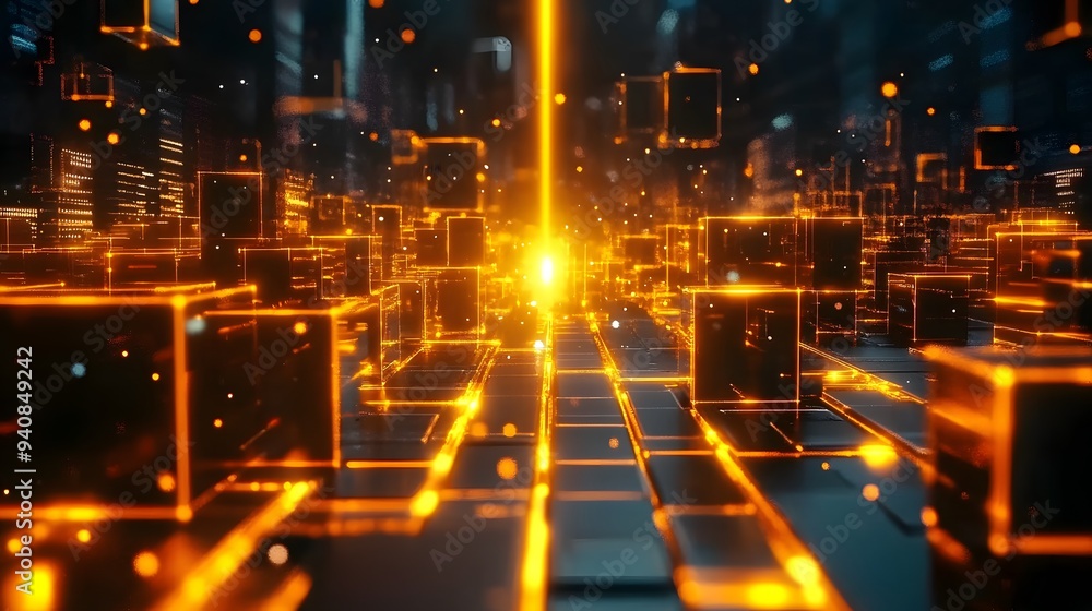 Obraz premium Sci-Fi Laser-Illuminated Digital Path with Glowing Cubes