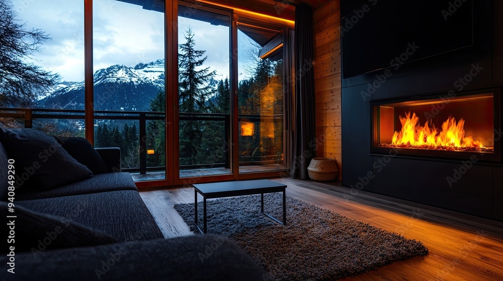Cozy living room with a warm fireplace and stunning mountain view through large windows, perfect for relaxation and comfort. Cozy living room with a warm fireplace and stunning mountain view through large windows, perfect for relaxation and comfort.