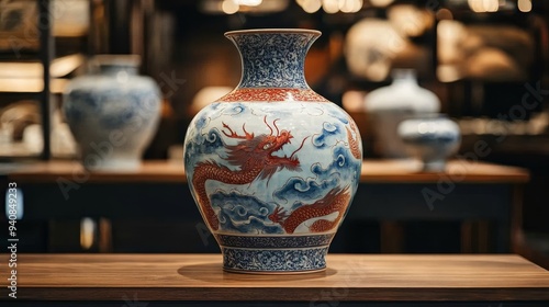 A Ming dynasty vase, ornately decorated with dragons and clouds, displayed in a modern museum