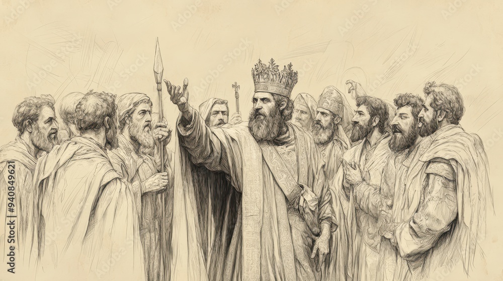 Fototapeta premium The Reign of Jehoiakim and the Fall of Jerusalem: Bible Wall Art Depicting Jehoiachin’s Surrender and Captivity, Biblical Illustration on Beige Background