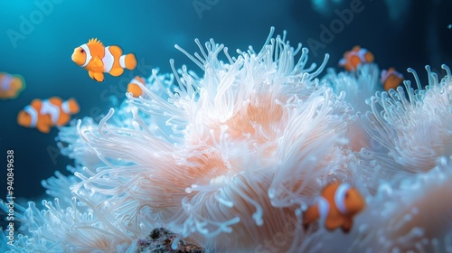  A group of orange and white clownfish swim in a sea anemone photo