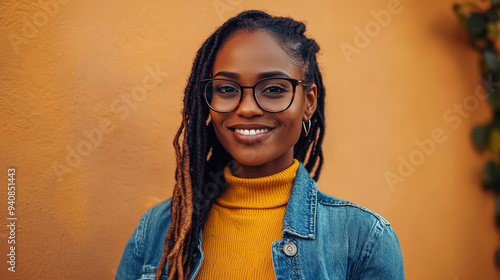 Cheerful Black Woman in Her Late Thirties with Long Braids and Glasses, Smiling Against an Orange Wall. Casual Outdoor Outfit Featuring a Denim Jacket Over a Yellow Sweater,