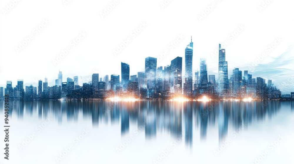 Fototapeta premium Cityscape with Reflection Urban Skyline Modern Architecture Night Lights Blue Tone