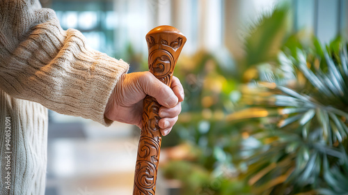 Soft and Warm An elder person with a warm expression, walking through a hospital wing decorated with plants and natural light. The wooden cane is intricately carved, adding a touch of personal histor photo