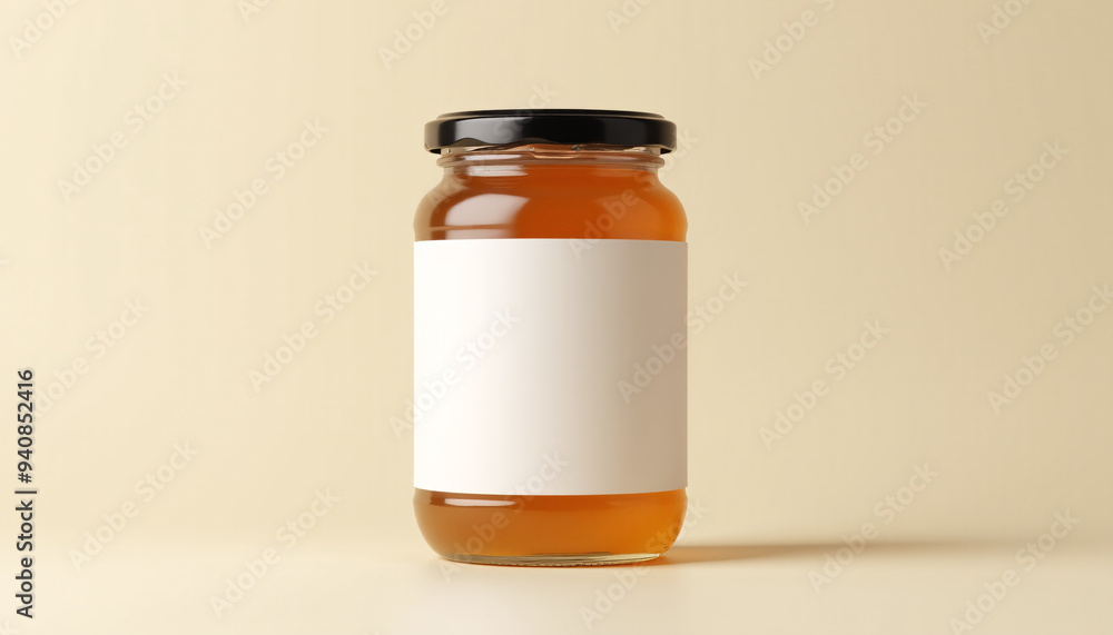 Mock up blank product label on a transparent jar of honey, isolated on a light background Mock up blank product label on a transparent jar of honey, isolated on a light background