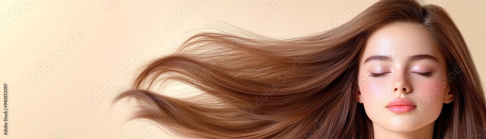 Fototapeta premium Beautiful Woman with Flowing Brown Hair and Closed Eyes