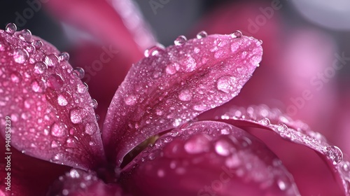  A tight shot of a pink flower, dewdrops glistening on its petals, backdrop softly blurred