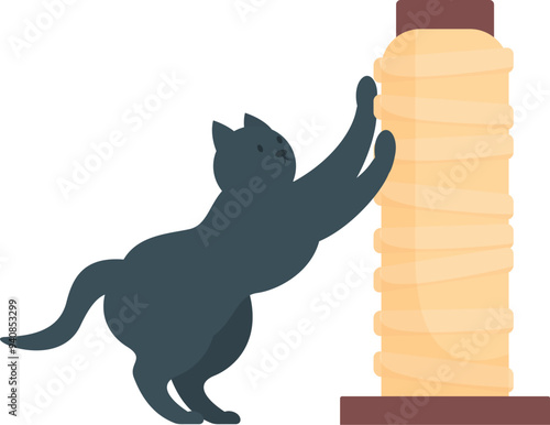 Black cat sharpening its claws on a scratching post