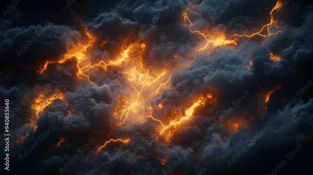 Black sky with orange lightning, dark clouds Black sky with orange lightning, dark clouds