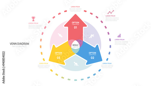 Infographic Venn diagram chart arrow template for business 3 steps options with venn diagram elements vector illustration.