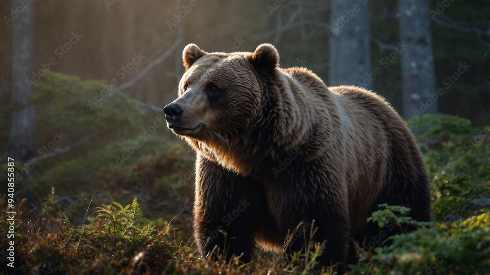 Orso bruno in una foresta con la nebbia nelle prime luci del mattino Orso bruno in una foresta con la nebbia nelle prime luci del mattino