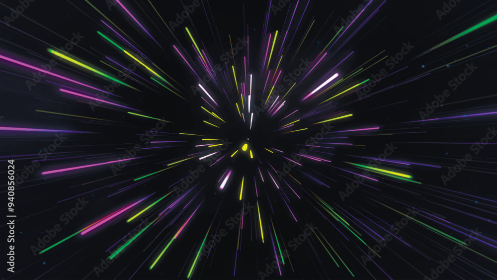 Abstract geometric background of radial lines. Bright fireworks. Data flow tunnel. Explosive star. Motion effect. Vector illustration. Abstract geometric background of radial lines. Bright fireworks. Data flow tunnel. Explosive star. Motion effect. Vector illustration.