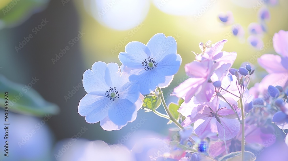 A tight shot of an array of flowers in a vase, backed by an indistinct expanse of blue and pink blossoms A tight shot of an array of flowers in a vase, backed by an indistinct expanse of blue and pink blossoms