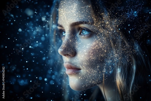 Digital Portrait of a Woman with a Starry Face: Exploring Cognitive Thought Memory and the Ethereal Nature of Imagination