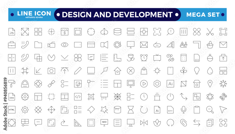 Set of thin Outline icons of Design and development. Simple linear icons in a modern style flat, Creative Process. Graphic design, creative package, stationary, software. Editable stroke outline icon. Set of thin Outline icons of Design and development. Simple linear icons in a modern style flat, Creative Process. Graphic design, creative package, stationary, software. Editable stroke outline icon.
