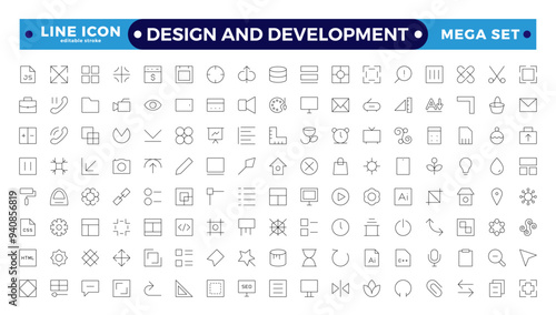 Set of thin Outline icons of Design and development. Simple linear icons in a modern style flat, Creative Process. Graphic design, creative package, stationary, software. Editable stroke outline icon.