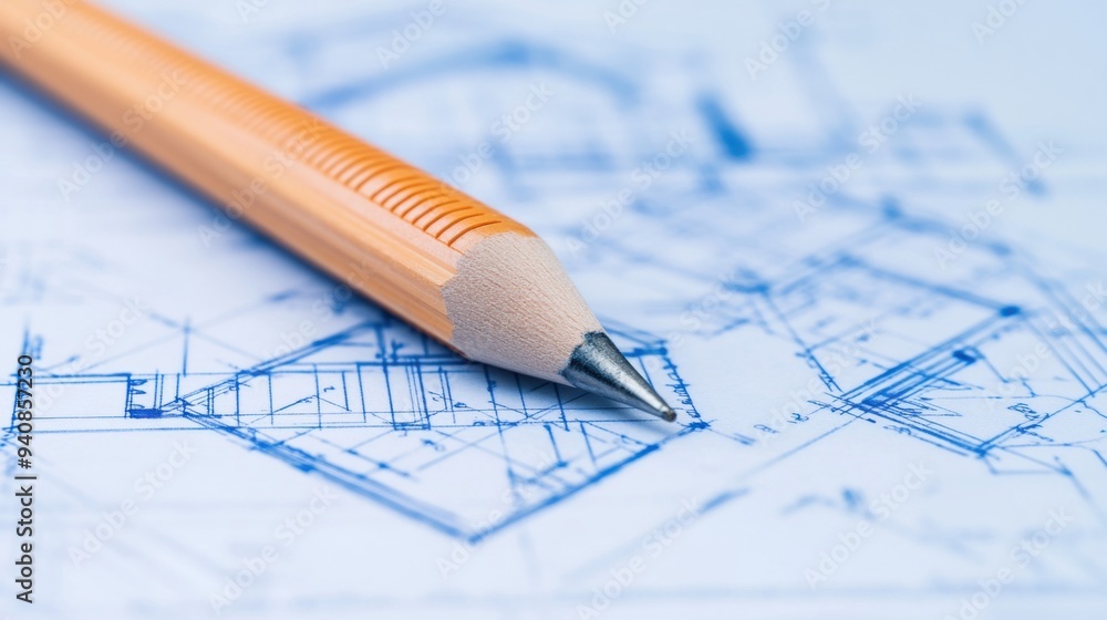 A pencil rests on architectural blueprints for design work. A pencil rests on architectural blueprints for design work.