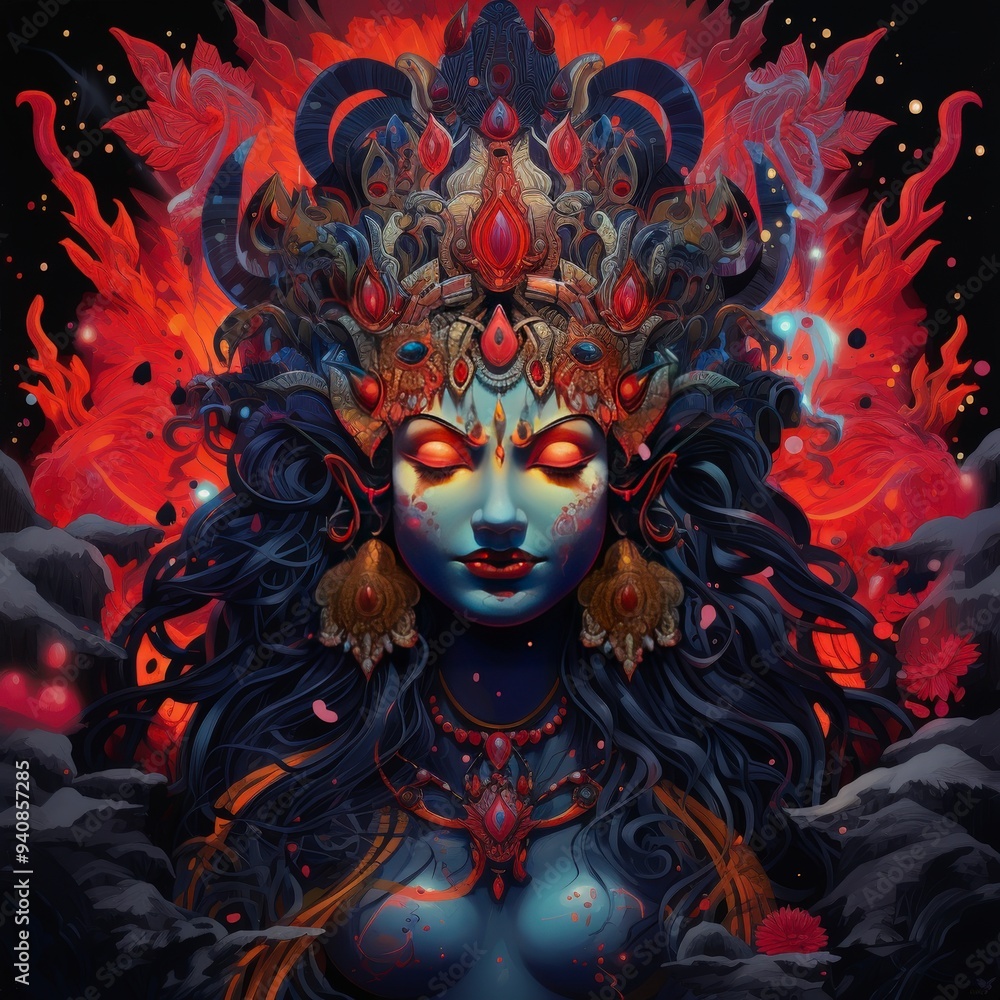 A vibrant depiction of a goddess with intricate details and fiery background. A vibrant depiction of a goddess with intricate details and fiery background.